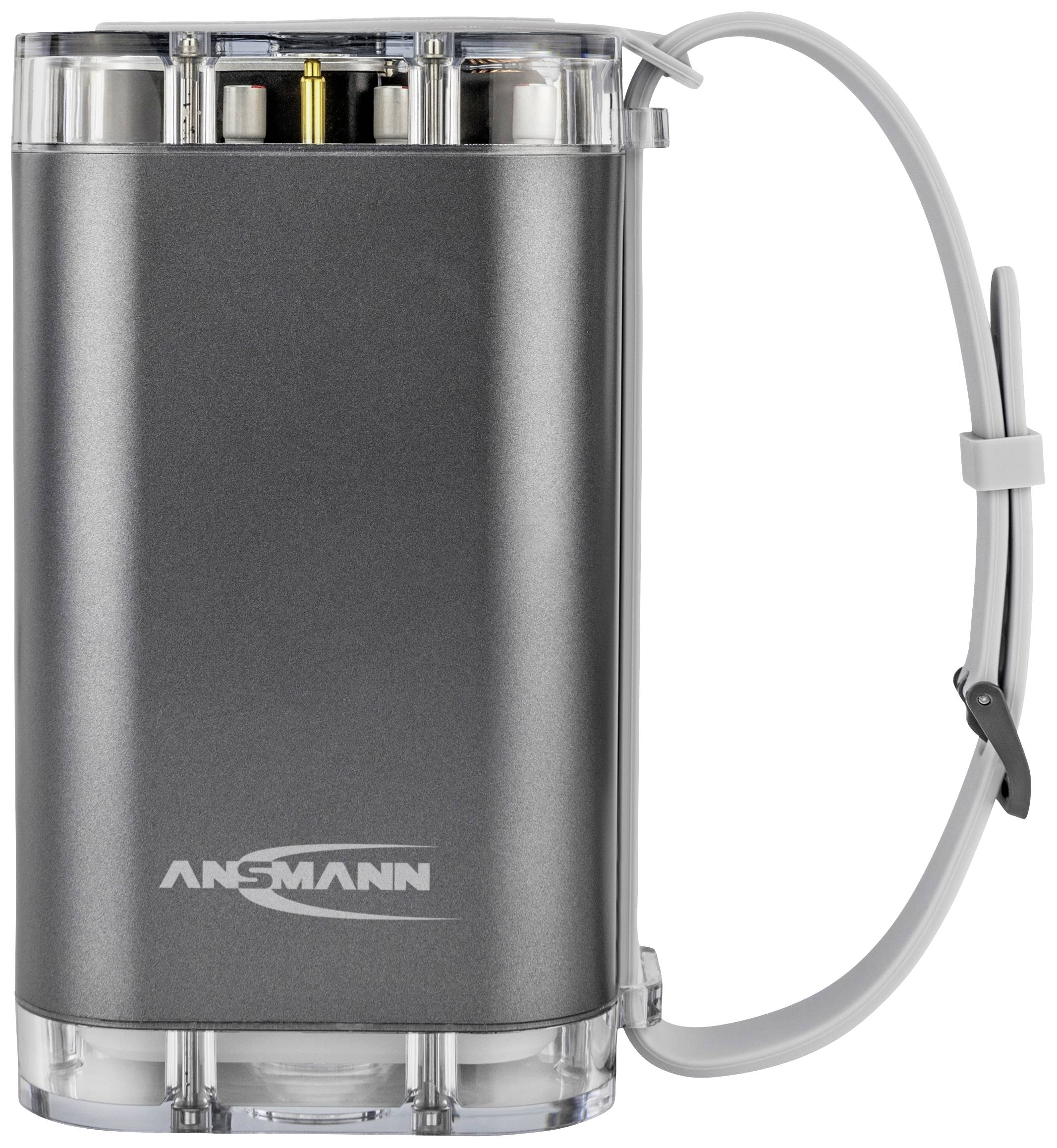 Eine graue, rechteckige Taschenlampe mit weißem Ansmann-Logo und einem Griff an der Seite.