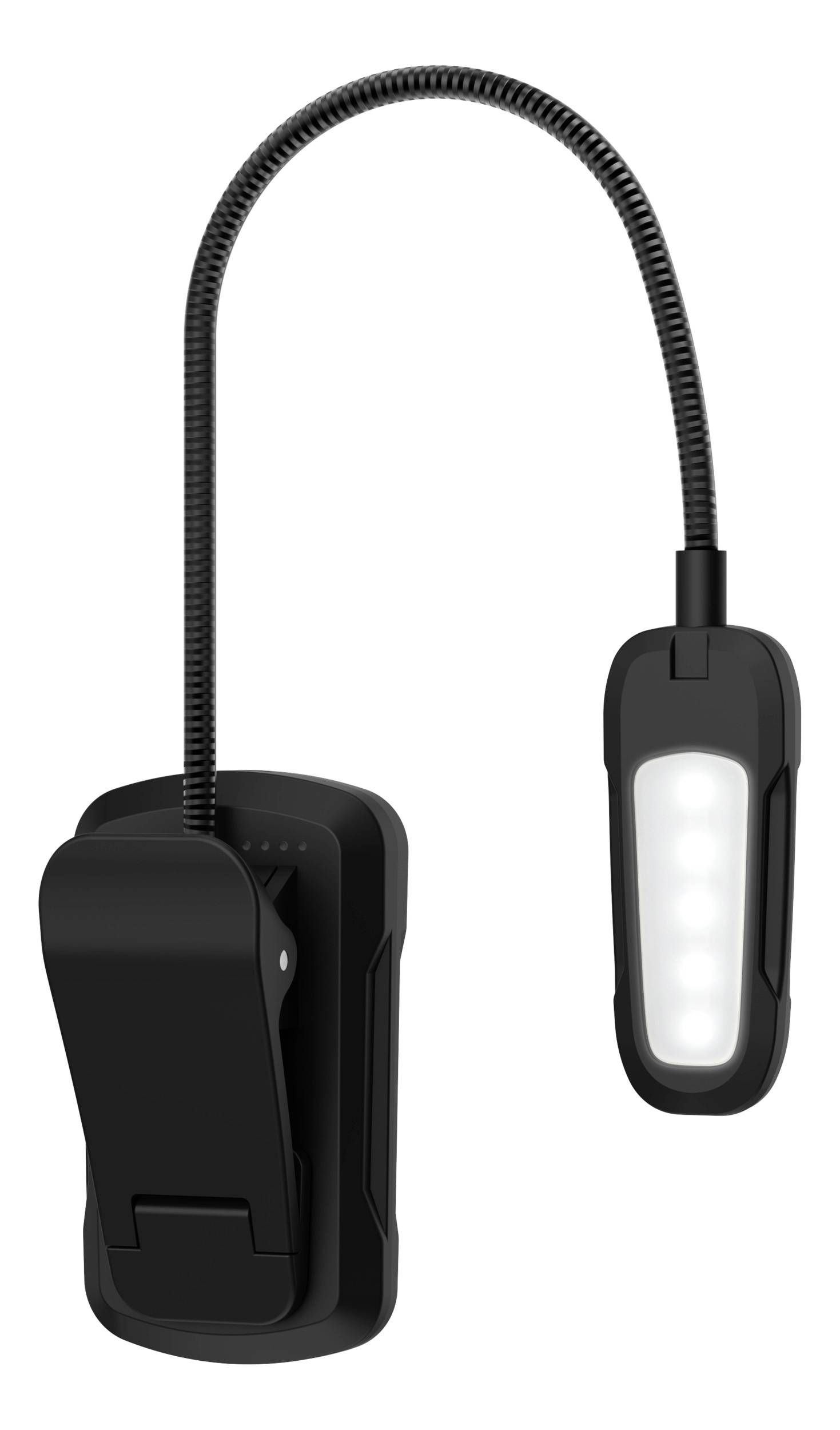 Schwarze LED-Leselampe mit flexiblem Hals und Clip. Ideal zum Befestigen an Büchern oder Tischen für fokussierte Beleuchtung.