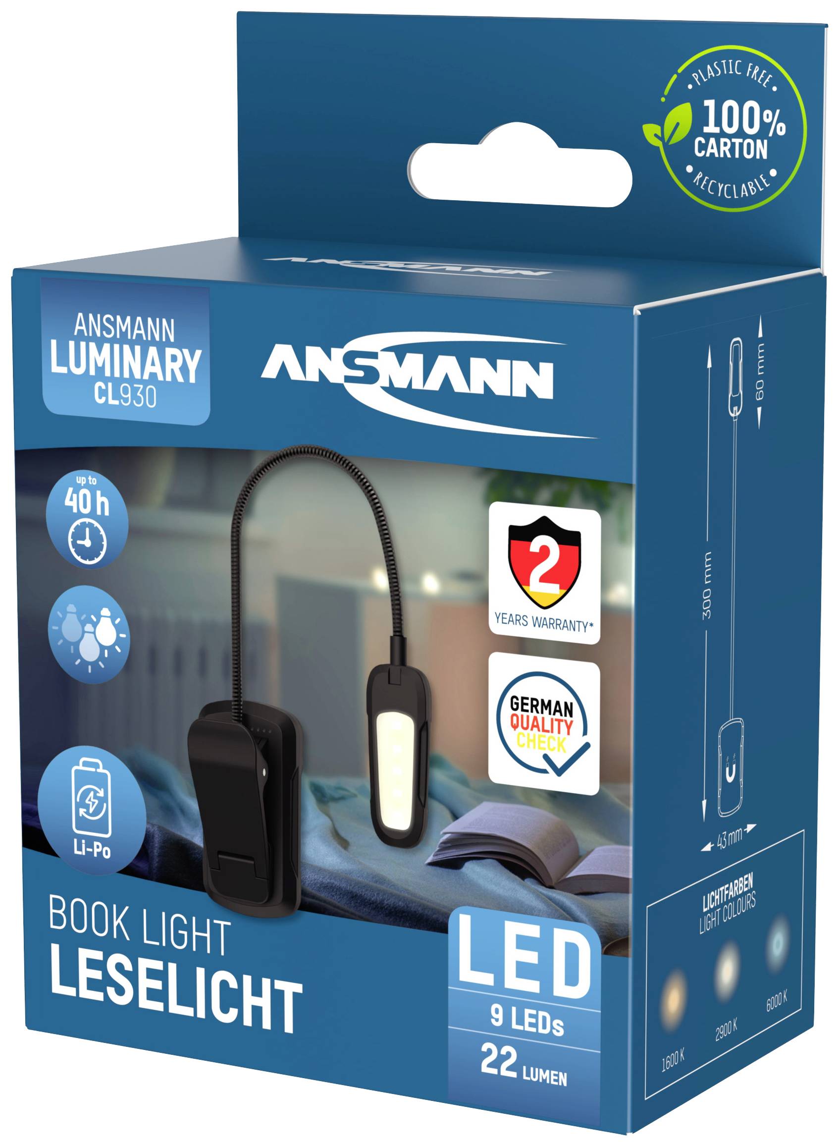 Leselampe von Ansmann mit LED-Leuchten und flexiblem Hals. Verpackung betont lange Leuchtdauer, Garantie und umweltfreundliches Design.