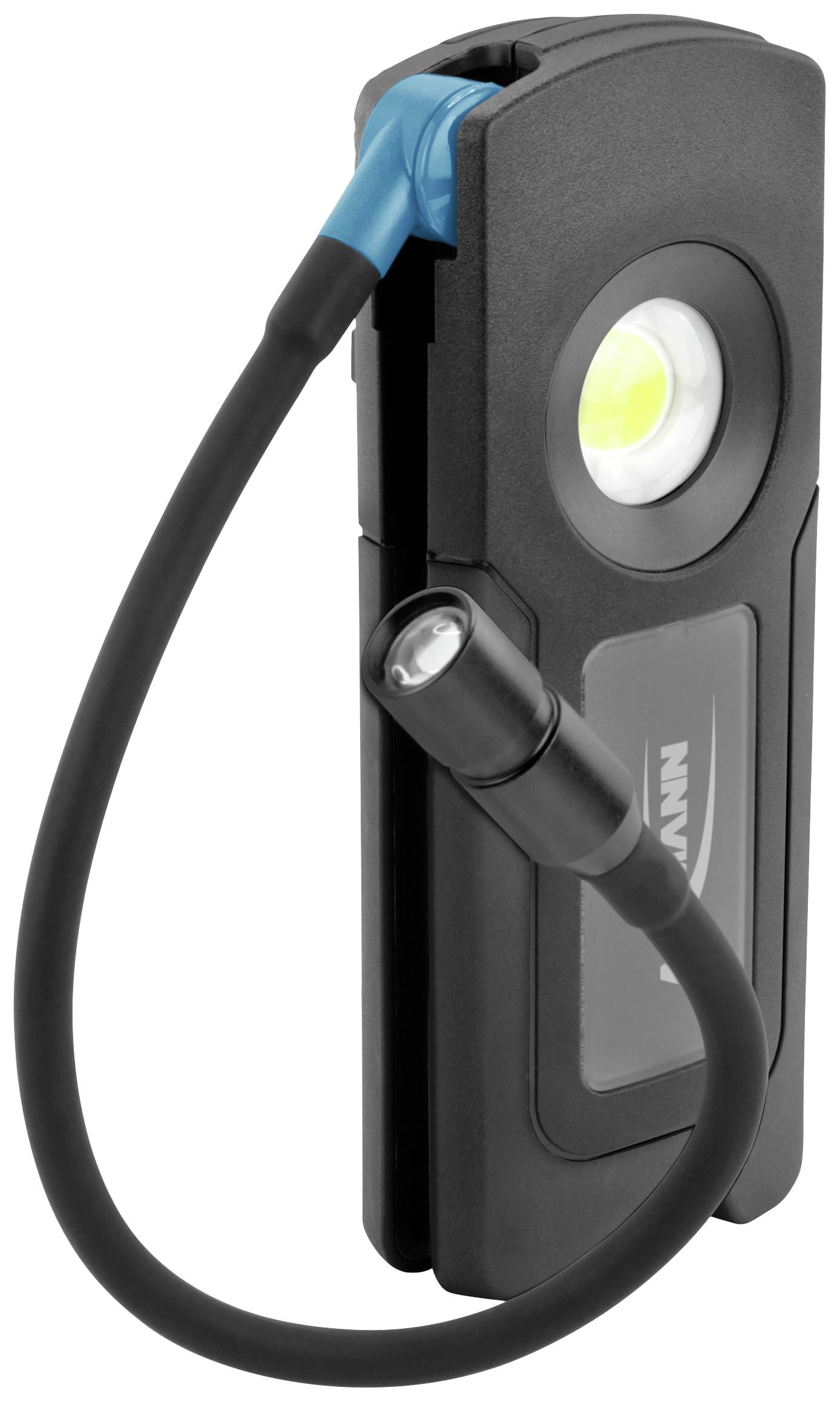 Eine schwarze, tragbare LED-Lampe mit flexiblem Hals und einstellbarem Kopf. Sie ist kompakt und für vielseitige Beleuchtung geeignet.