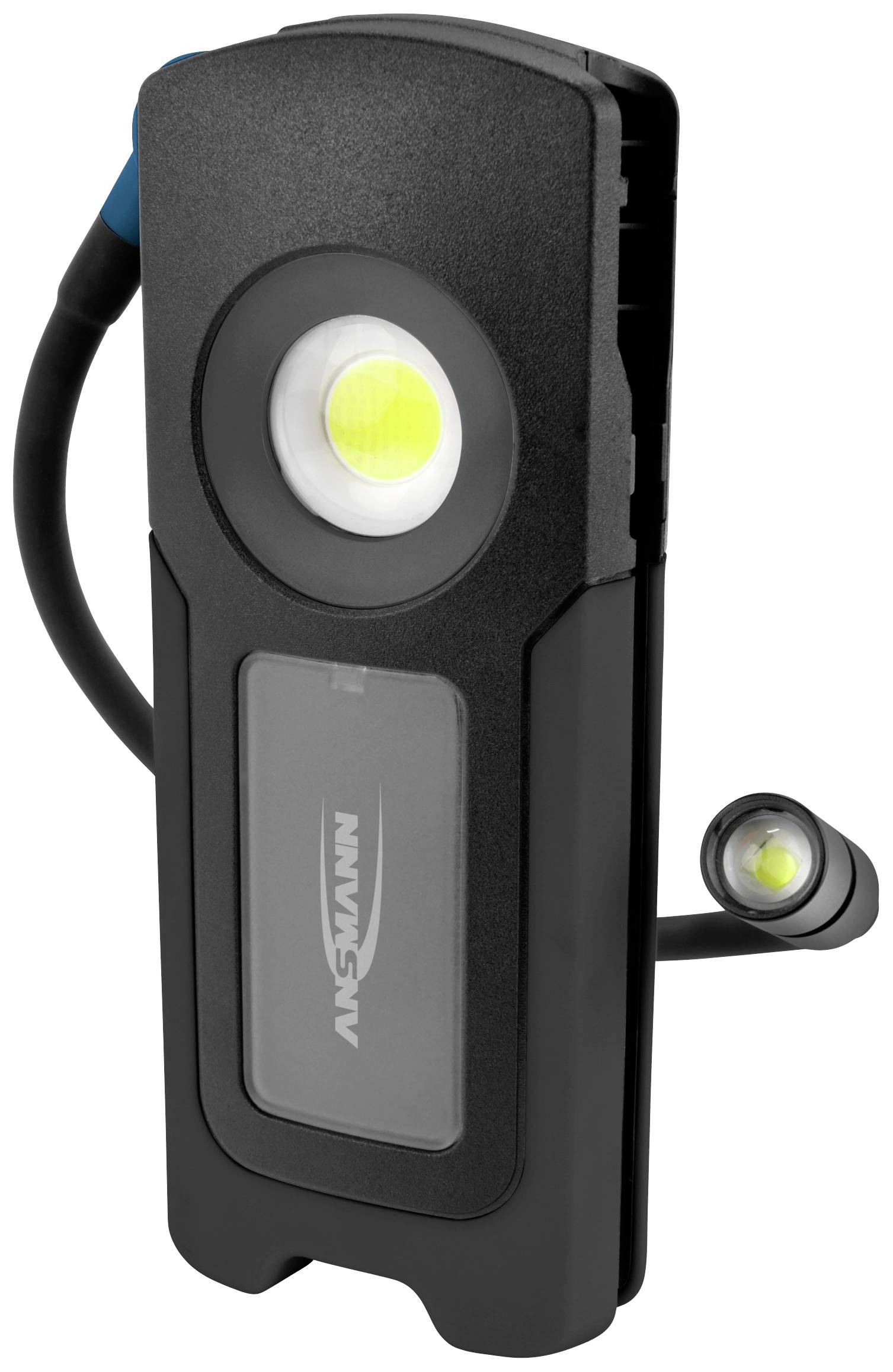 Schwarze LED-Arbeitsleuchte mit flexiblem Leuchtarm und Tragegriff. Lichtquelle vorne und am Arm, kompakt und tragbar.