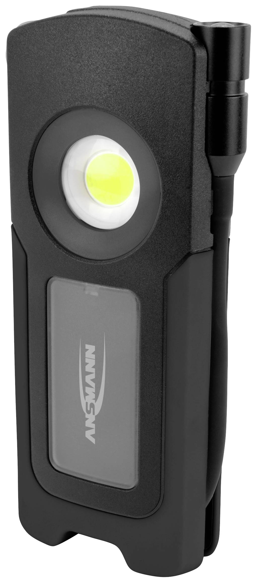 Schwarze, tragbare Arbeitslampe mit integriertem Haken und LED-Licht in der Mitte, geeignet für vielfältige Anwendungen.