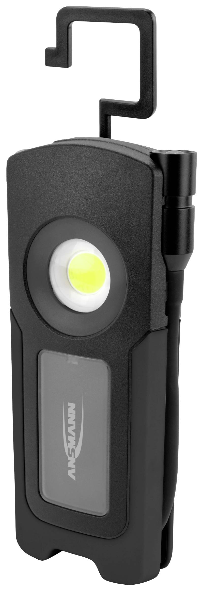 Tragbare schwarze LED-Arbeitsleuchte mit Haken, geeignet für unterschiedliche Einsatzmöglichkeiten und einfach zu transportieren.