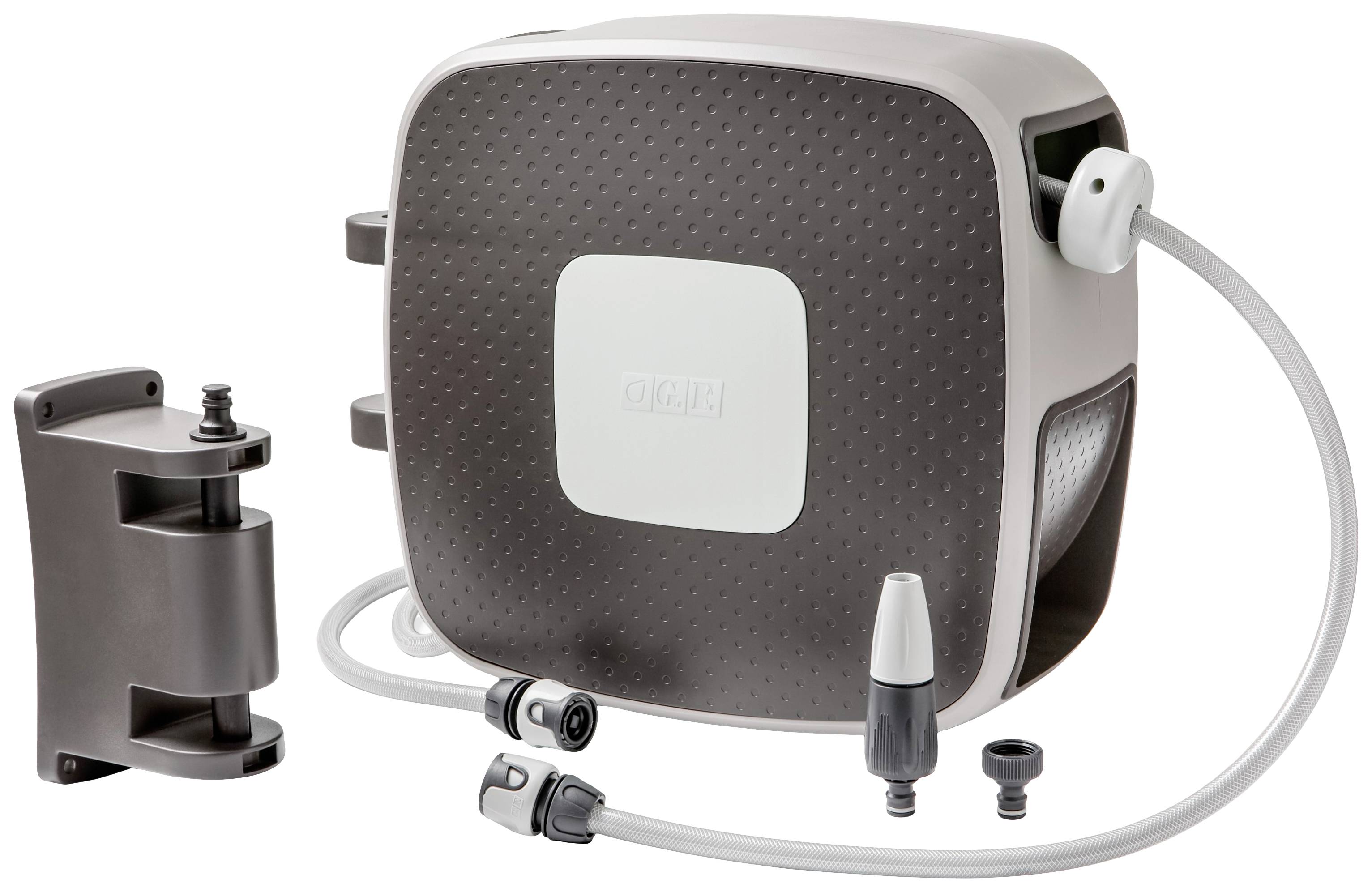 Schlauchbox mit integriertem Aufrollmechanismus, inkl. Wandhalterung und Anschlüssen. Geeignet für Gartenbewässerung.