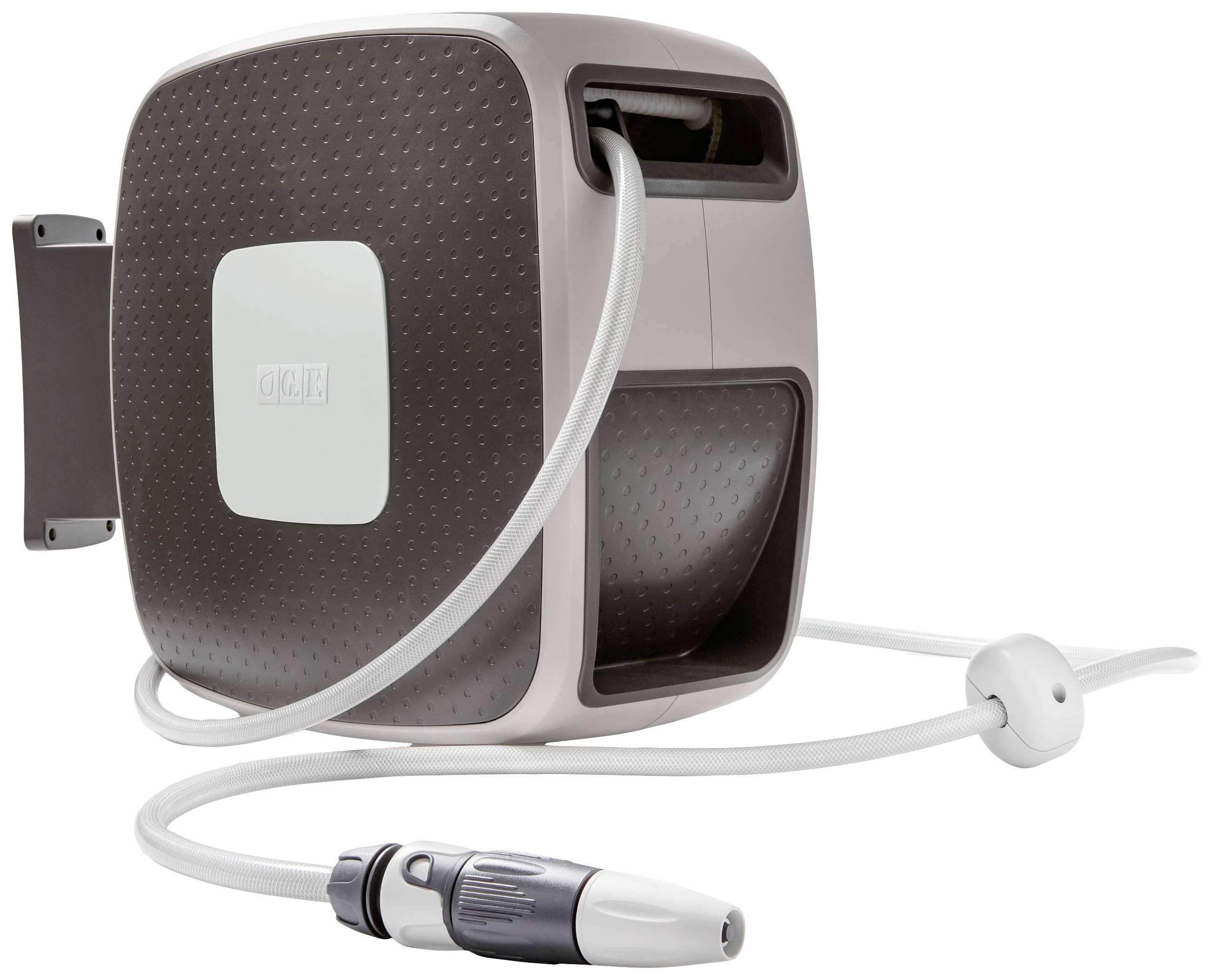 Wandschlauchbox zur Aufbewahrung eines Gartenschlauchs, mit automatischer Aufrollfunktion und drehbarem Wandhalter.