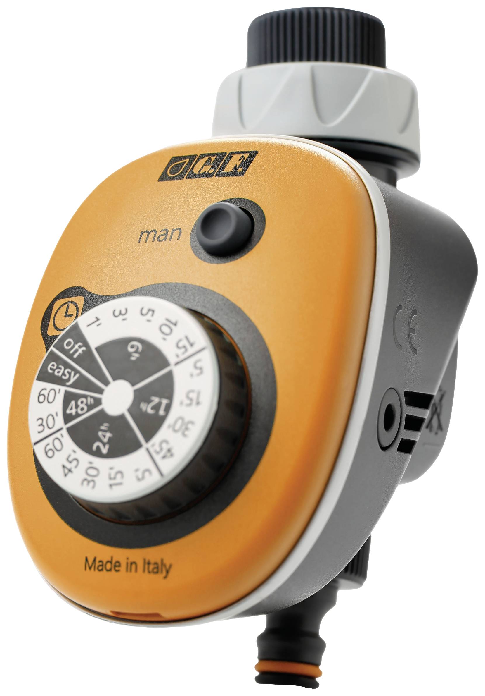 Bewässerungs-Timer mit Drehknopf zur Einstellung von Dauer und Frequenz. Orange und grau mit 'Made in Italy'-Aufschrift.