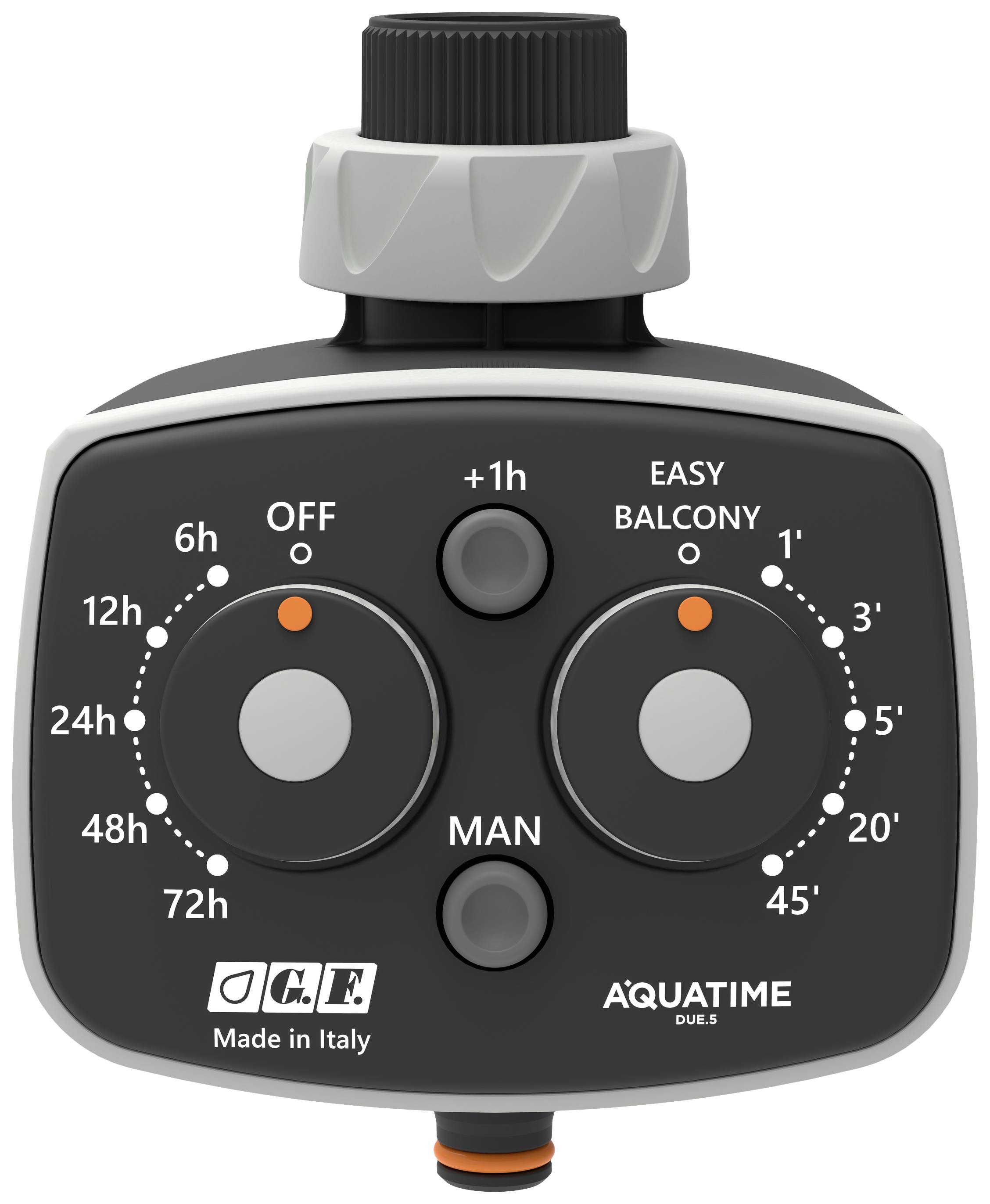 'G.F. Aquatime DUE-S' Bewässerungs-Timer aus Italien, zeigt Zeiteinstellungen für 6h bis 48h und Minutenwahl für Balkone.