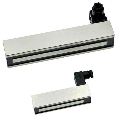 Zwei magnetische Türschließer in unterschiedlichen Größen, aus Metall mit schwarzem Anschlussstecker.