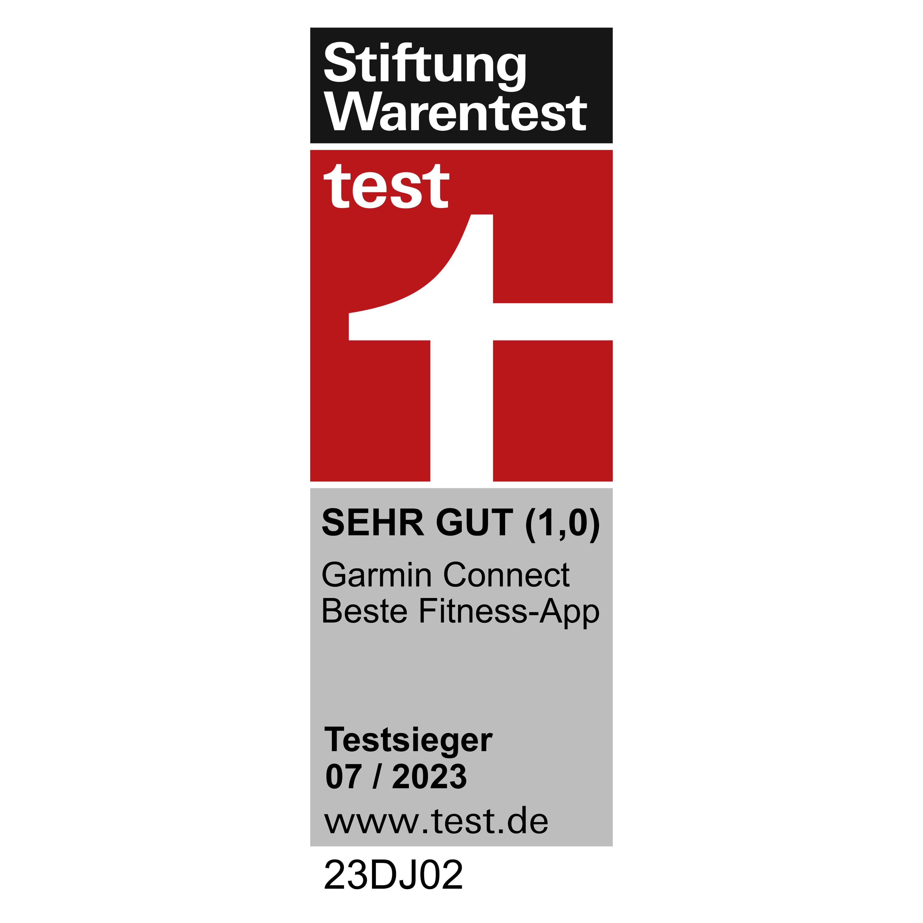 'Stiftung Warentest: SEHR GUT (1,0) für Garmin Connect als Beste Fitness-App, Testsieger 07/2023, www.test.de, 23DJ02.'