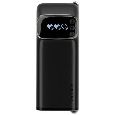 Ein schwarzes Garmin-Gerät mit einem Display, das vier Herzsymbole anzeigt, eventuell ein Gesundheits- oder Fitnessmonitor.