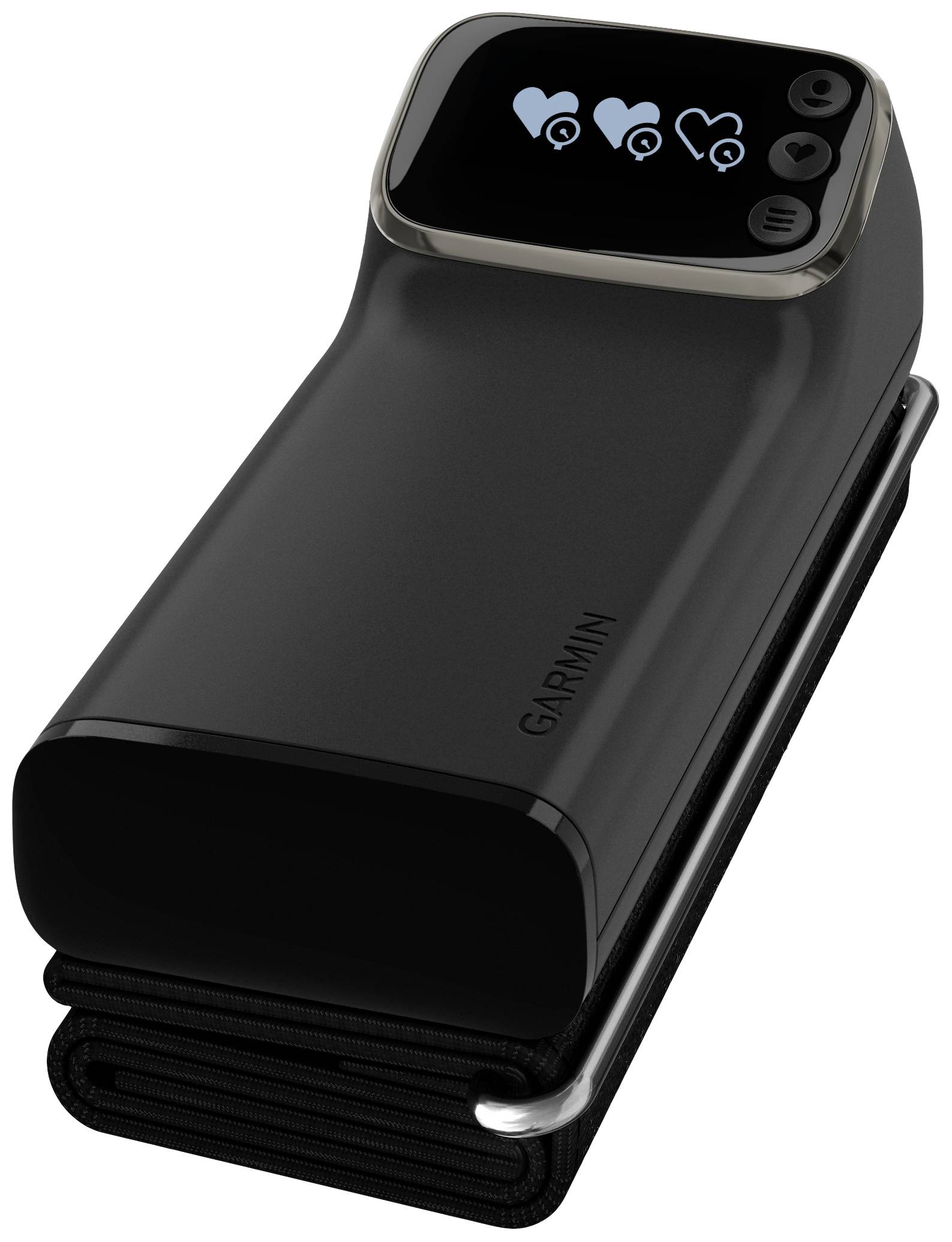 'Aktiver Blutdruckmonitor auf weißem Hintergrund, mit digitalem Display, das Herz- und Messsymbole zeigt.'