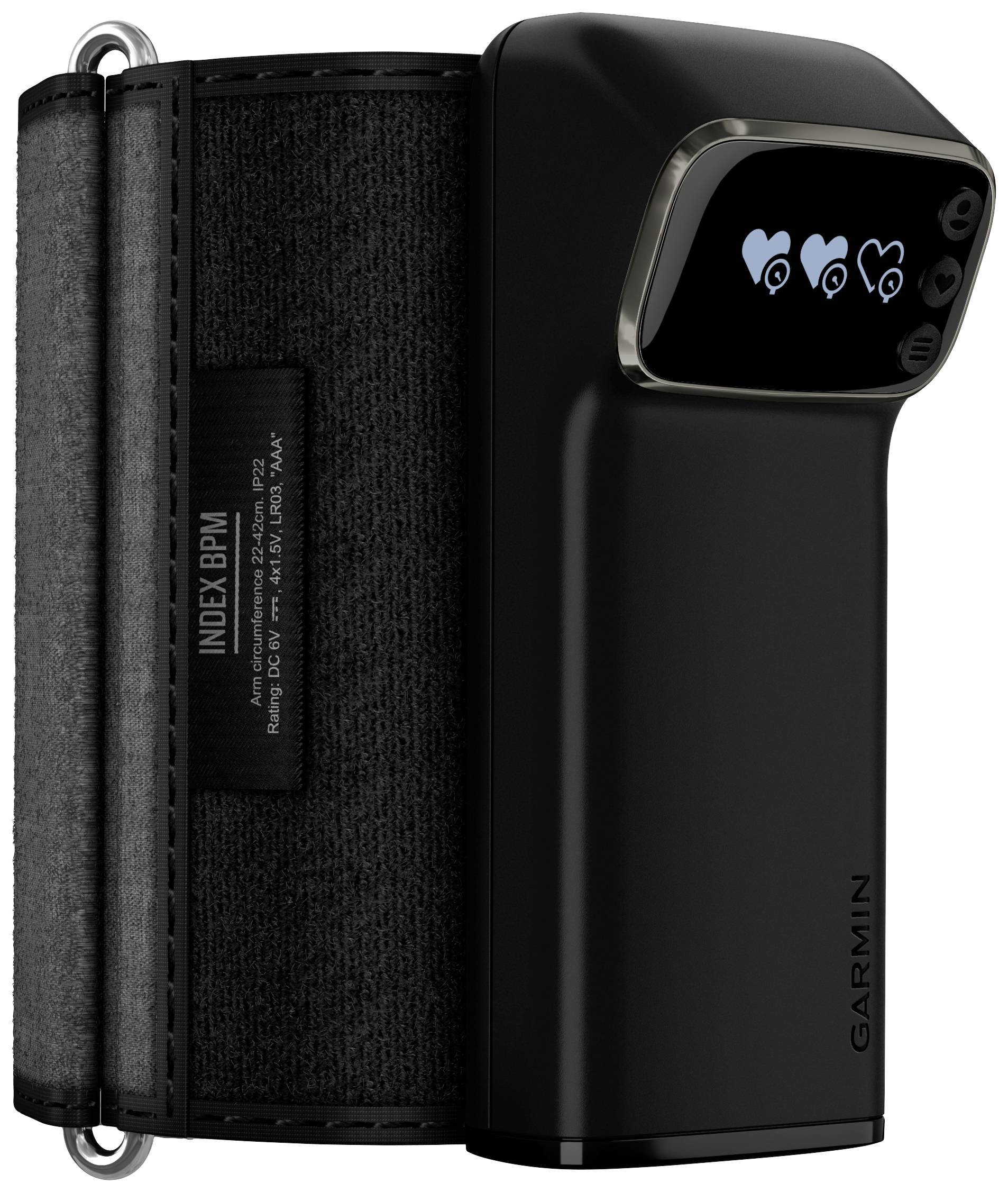 Blutdruckmessgerät von Garmin, Modell Indix BPM in schwarz, zeigt auf dem Display Herzsymbole.