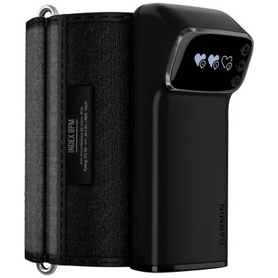 Blutdruckmessgerät von Garmin, Modell Indix BPM in schwarz, zeigt auf dem Display Herzsymbole.
