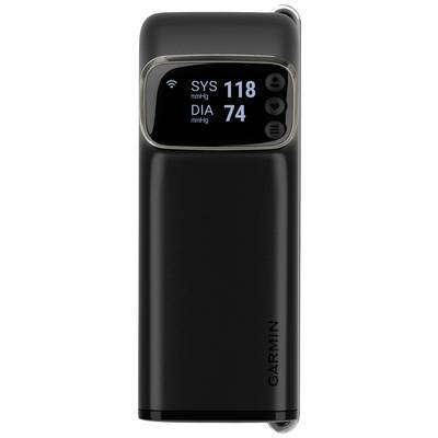 Ein Blutdruckmessgerät mit digitalem Display zeigt 'SYS 118 mmHg' und 'DIA 74 mmHg'. Markierung 'Garmin' an der Seite.