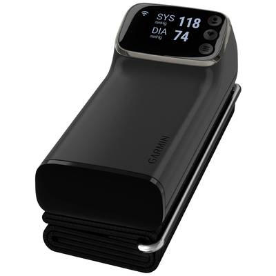 Ein digitales Blutdruckmessgerät zeigt die Werte 'SYS 118 mmHg' und 'DIA 74 mmHg' an. Das Gerät hat ein modernes, kompaktes Design.