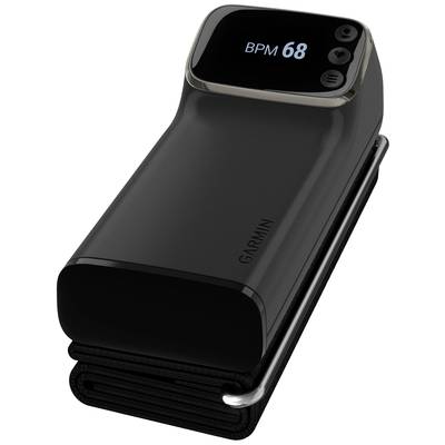 Ein Blutdruckmessgerät von Garmin zeigt die Herzfrequenz 'BPM 68' auf einem Display. Es ist schlank und modern gestaltet.