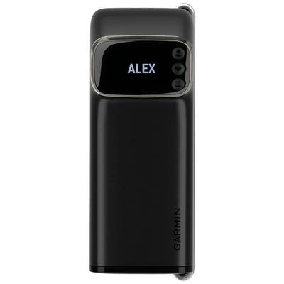 Schwarzes, rechteckiges elektronisches Gerät mit einem kleinen Display oben, auf dem 'ALEX' steht, Marke Garmin erkennbar.