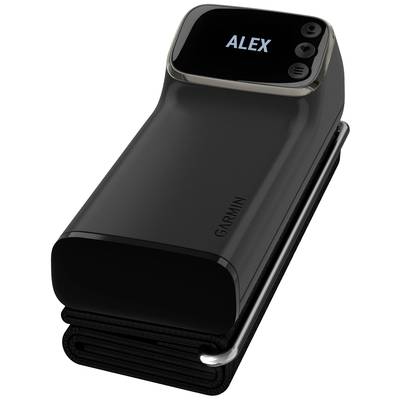 Schwarzes Handgerät mit abgerundetem Display. Display zeigt den Namen 'ALEX'. Der Körper scheint aus einem Material gefertigt, das schwarz und glänzend wirkt.
