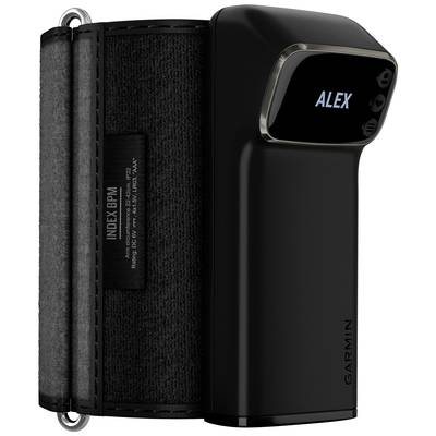 Elektronisches Blutdruckmessgerät mit digitalem Display; liest den Namen 'Alex'. Gerät von Garmin, schlankes schwarzes Design.