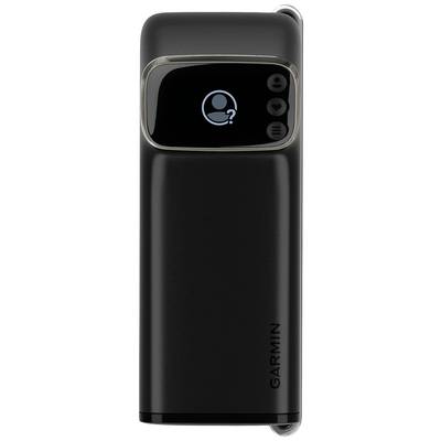 Schwarzes Garmin-Gerät mit einem Display, das ein Benutzerprofil-Symbol und Fragezeichen anzeigt. Gerät dient zur Kommunikation und Navigation.
