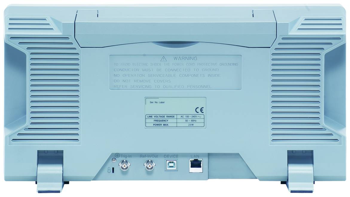 Rückseite eines elektronischen Geräts in Blau mit Anschlüssen und Warnhinweis. Funktionen scheinen Kabelverbindungen zu erlauben.