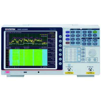 Analysator mit einem farbigen Display, das Frequenzspektren zeigt; Bedienelemente an der Seite für die Steuerung des Geräts.