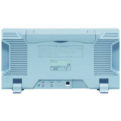 Rückseite eines elektronischen Geräts mit Anschlüssen und Warnhinweisen. Enthält Koaxialanschlüsse, einen Ethernet-Anschluss und Strombuchse.