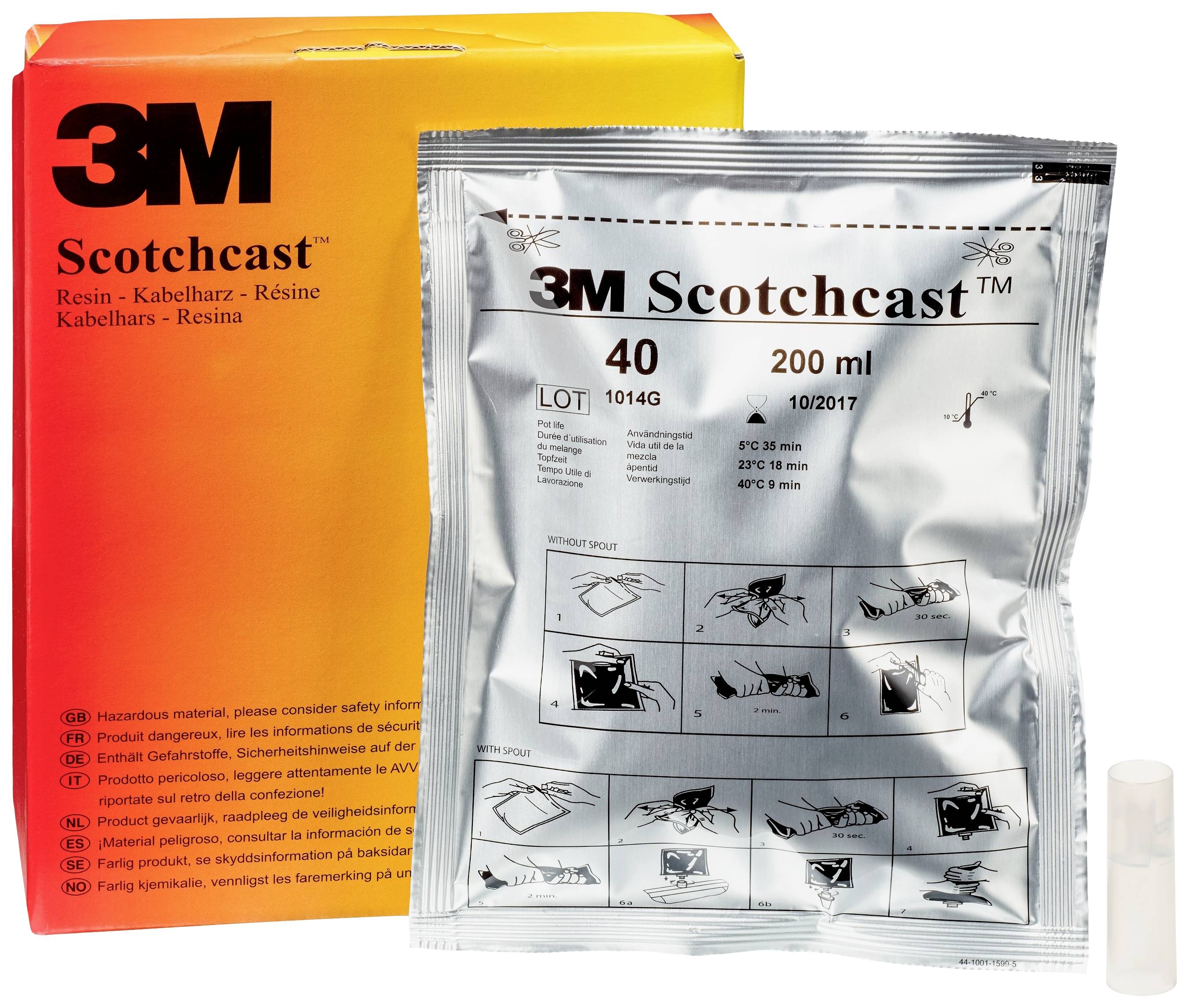 '3M Scotchcast 40' Kabelharz-Set mit gelbem Karton und silberner Verpackung, Volumen 200 ml, zeigt Anwendungsschritte als Diagramme.
