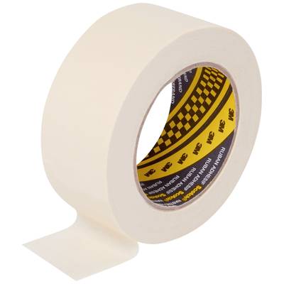 Klebebandrolle mit teilabgerolltem Klebeband, beige Farbton. Der Innenkörper zeigt ein Firmenlogo in Gelb und Schwarz.