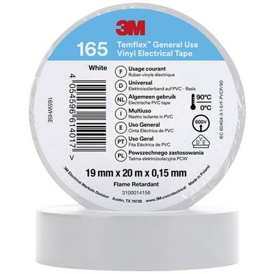 Weiße Elektoisolierbandrolle '3M Temflex 165', Durchmesser 19 mm x 20 m x 0,15 mm. Aufgedruckte Texte in mehreren Sprachen.