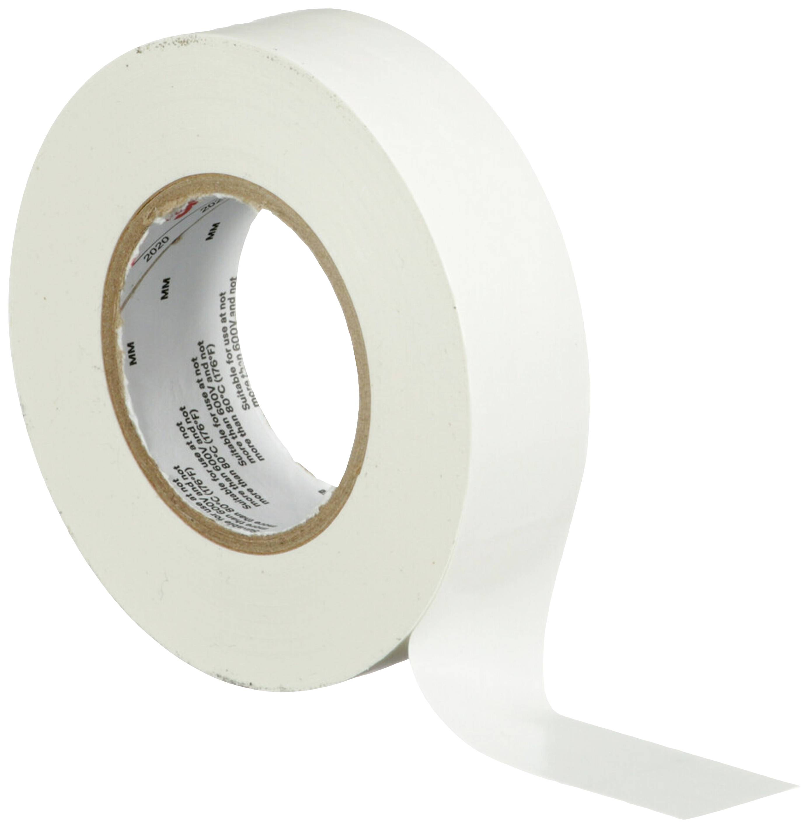 Eine Rolle weißes Klebeband mit abgerolltem Streifen zeigt das Material und die Breite des Bandes.