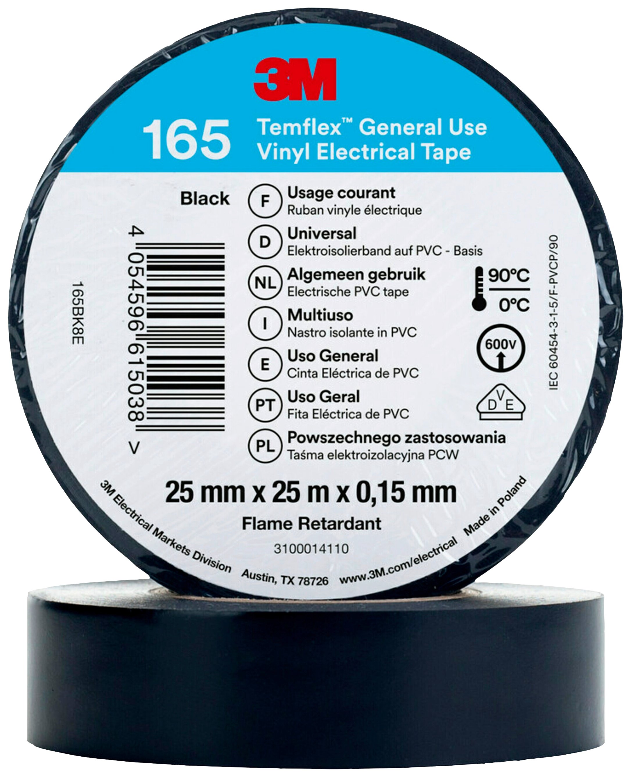 3M 165BK8E Isolierband Schwarz (L x B) 20 m x 25 mm 1 St.