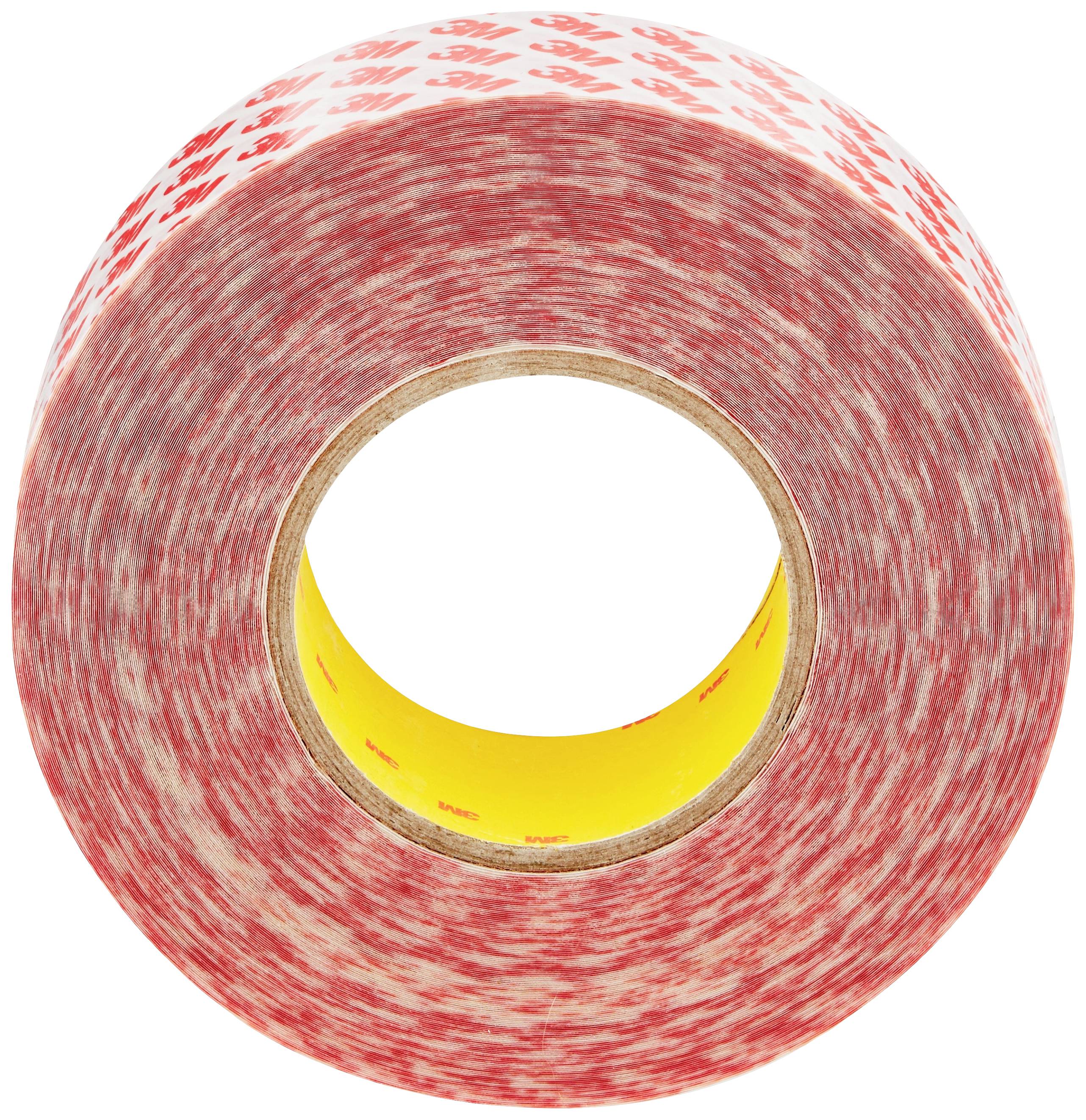 Rolle roten Klebebands mit gelbem Innenkern, von oben betrachtet, zeigt Muster aus wiederholten Symbolen auf der Oberseite.