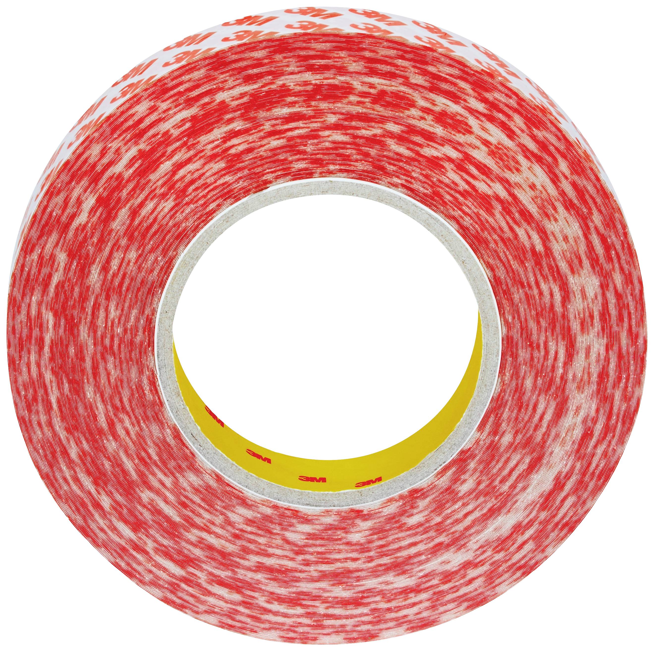 Rote und weiße Klebebandrolle in der Frontalansicht, die die Oberkante und den inneren gelben Karton zeigt.