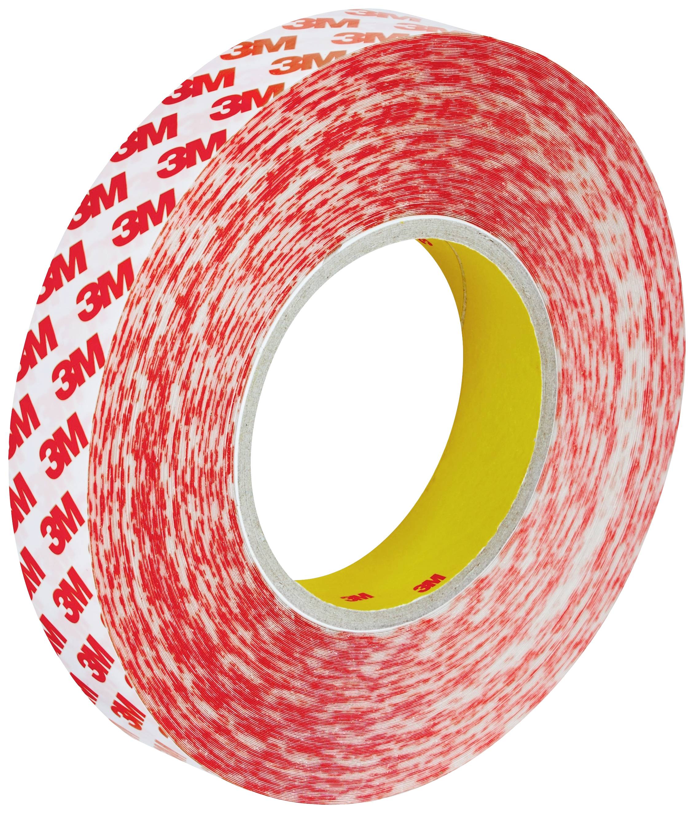 Eine Rolle doppelseitiges 3M Klebeband mit rotem und weißem Muster, verwendet für das Verbinden verschiedener Materialien.