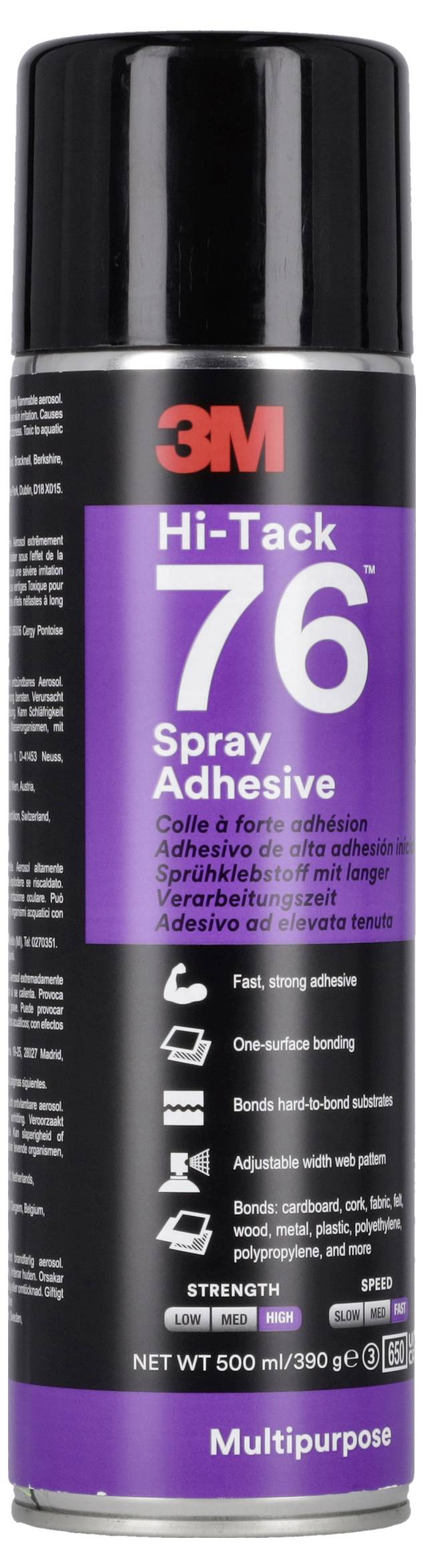 3M Hi-Tack 76 Sprühkleber in einer Dose mit violettem und schwarzem Etikett, frontal dargestellt.