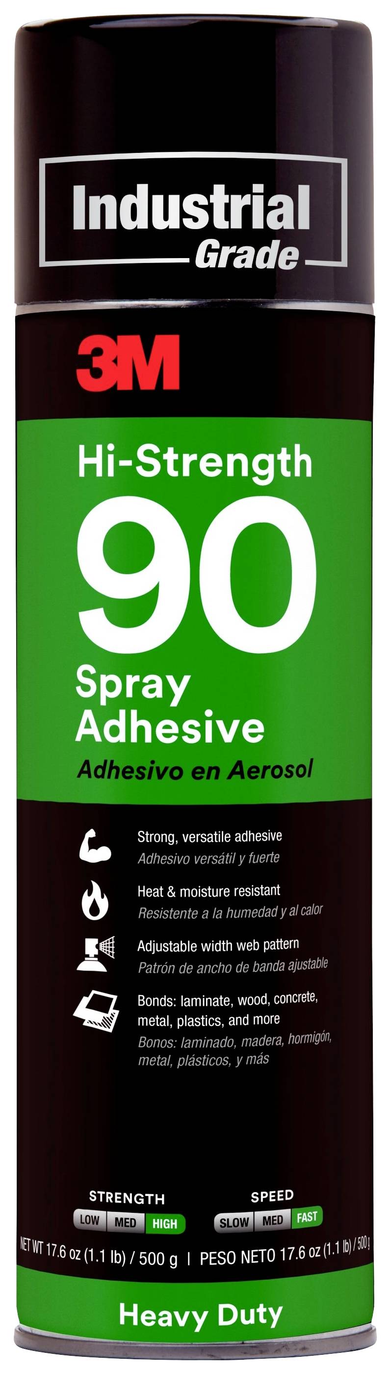 Sprühkleber-Dose mit der Aufschrift 'Industrial Grade 3M Hi-Strength 90'. Beschreibungen in Englisch und Spanisch zu Haftstärke und Temperaturbeständigkeit.