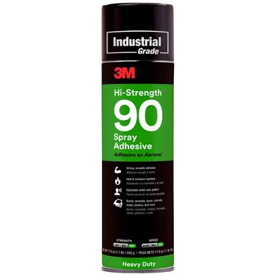 Sprühkleber-Dose mit der Aufschrift 'Industrial Grade 3M Hi-Strength 90'. Beschreibungen in Englisch und Spanisch zu Haftstärke und Temperaturbeständigkeit.