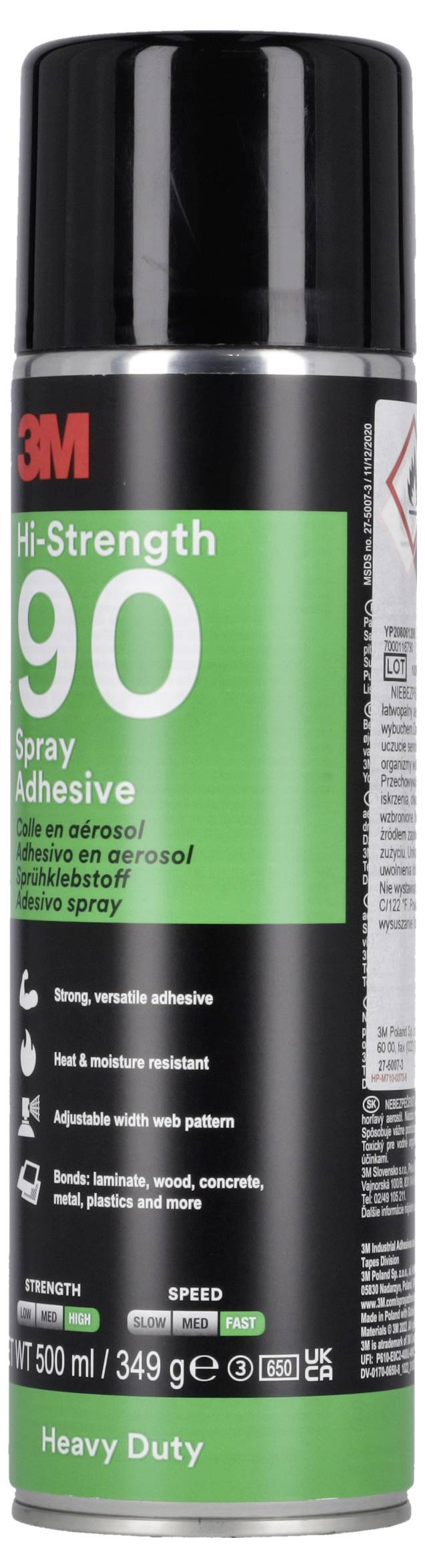 3M Hi-Strength 90 Sprühklebstoff Dose, schwarz-grüner robuster Spraydose mit der Bezeichnung 500 ml.