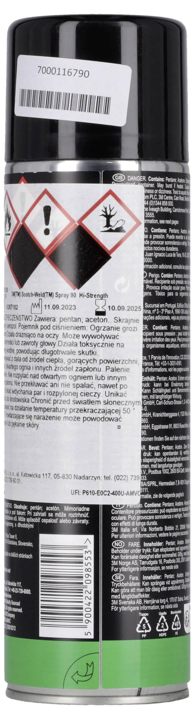 Eine schwarze Sprühdose mit Warnaufklebern, Gefahrenpiktogrammen und einem Barcode, wahrscheinlich ein Chemie- oder Anstrichprodukt.