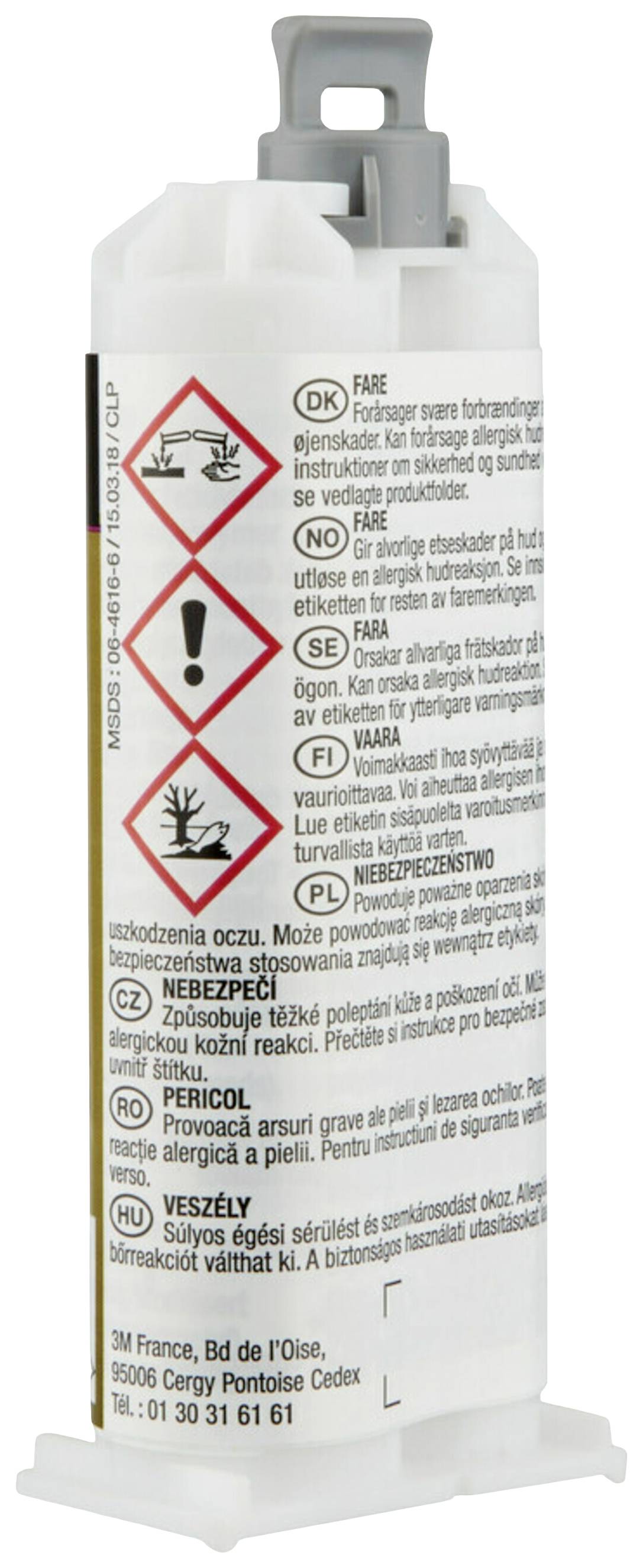 Eine Kartusche mit Warnsymbolen für Gefahrstoffe, inklusive Gesundheitsgefahr und Entzündungsgefahr. Text in mehreren Sprachen.