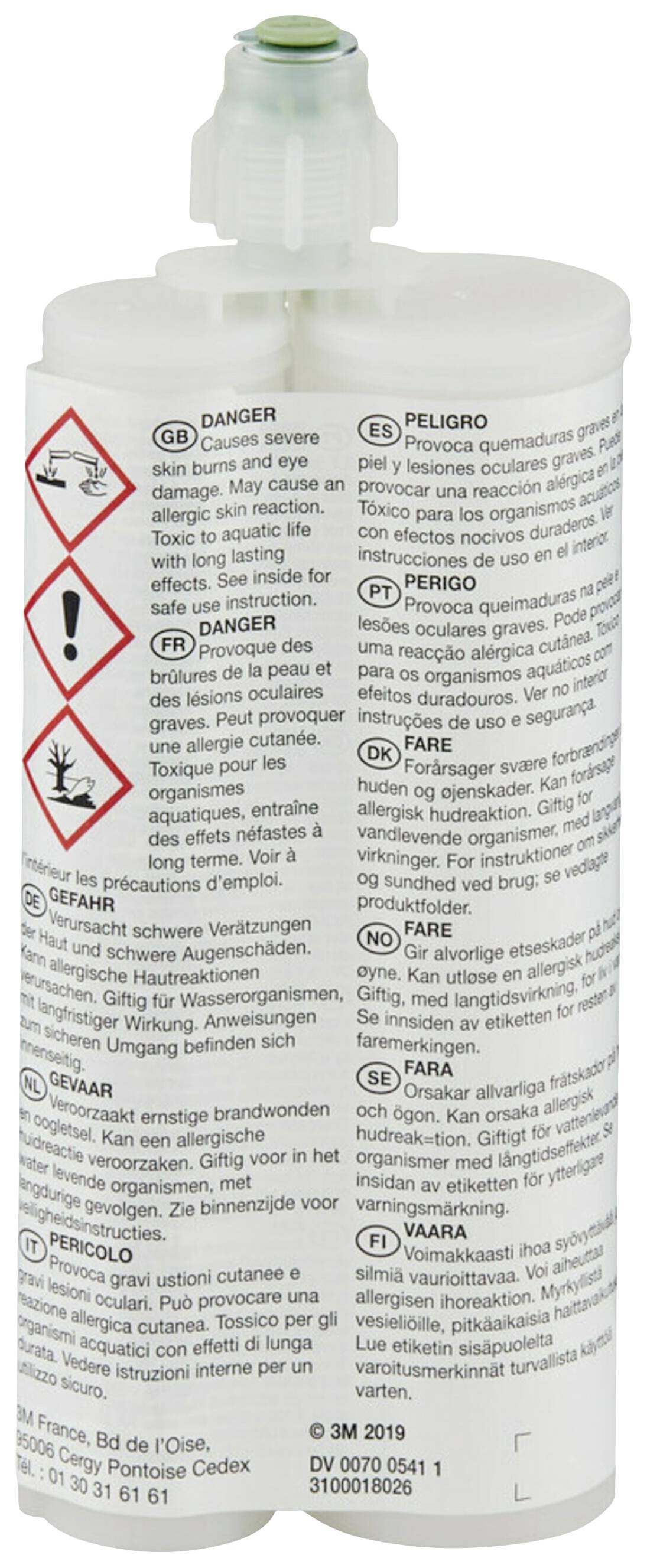 Zweikomponentenkleber in weißer Kartusche mit mehrsprachigen Warnhinweisen. Enthält Symbole für Gefahren: reizend, umweltgefährdend.