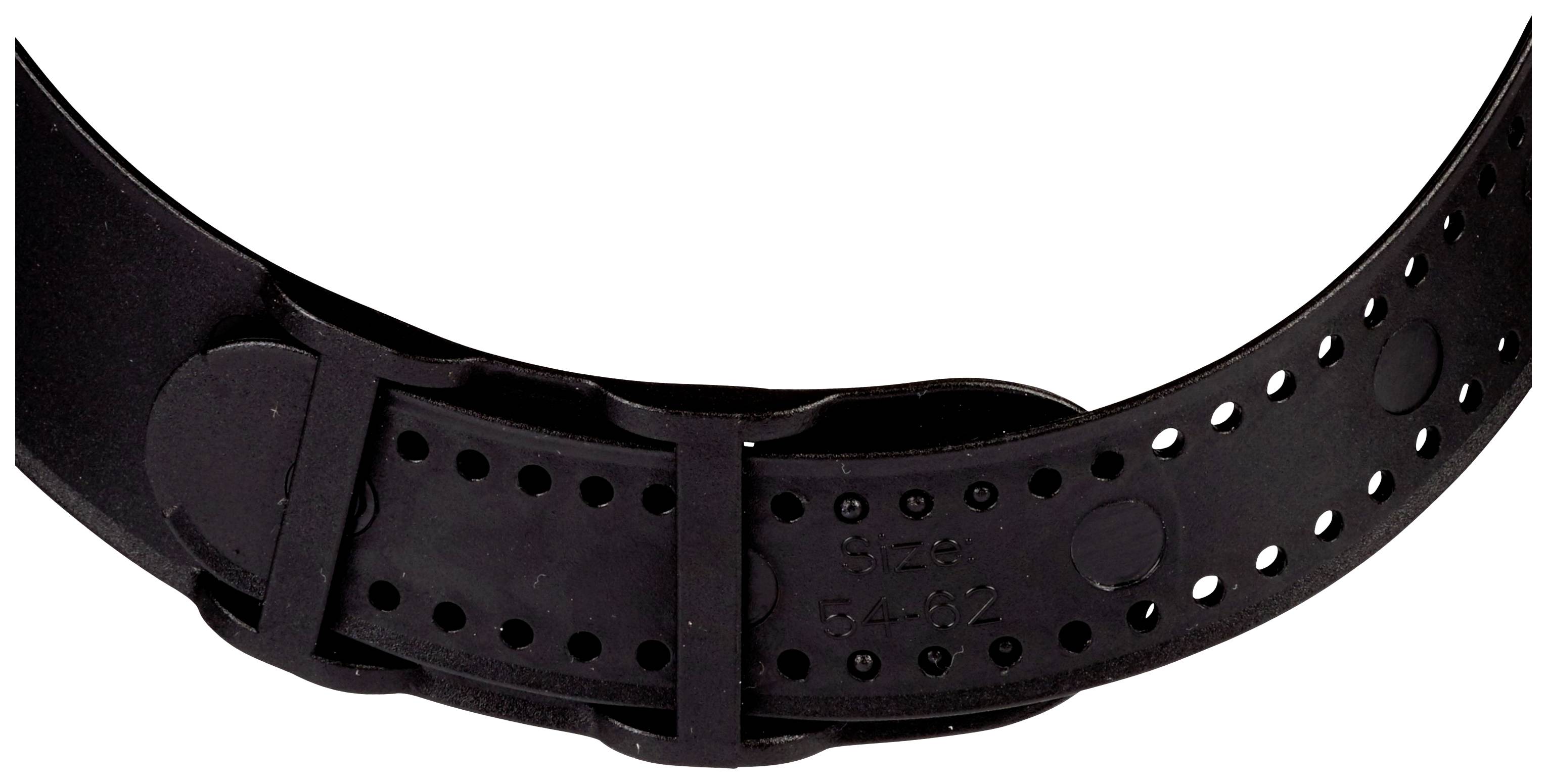 Schwarzes Armband mit vielen Löchern und einem Verschluss in der Mitte, geeignet für verstellbare Passform.