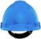 Ein blauer Schutzhelm mit schwarzem Kinnriemen.