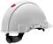 Ein weißer Schutzhelm mit rotem Knopf oben und verstellbarem Kinnriemen, verwendet für Sicherheitszwecke auf Baustellen.