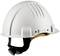 Ein weißer Schutzhelm mit schwarzem Kinnriemen, designed für den Arbeitsschutz auf Baustellen.
