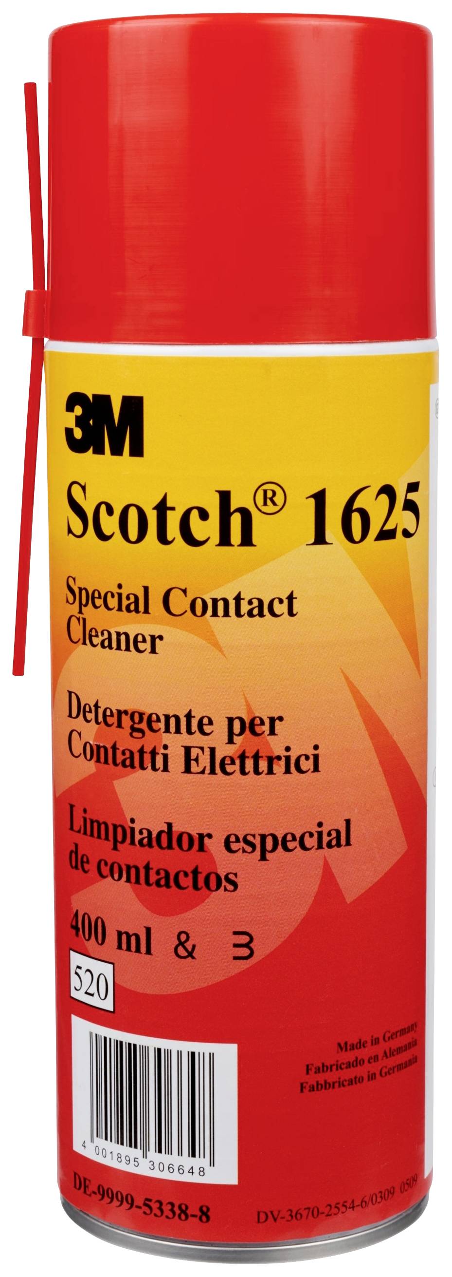 Rote Spraydose mit gelbem Etikett '3M Scotch 1625 Special Contact Cleaner'. Mehrsprachige Beschreibung zur Reinigung von Kontakten, 400 ml.