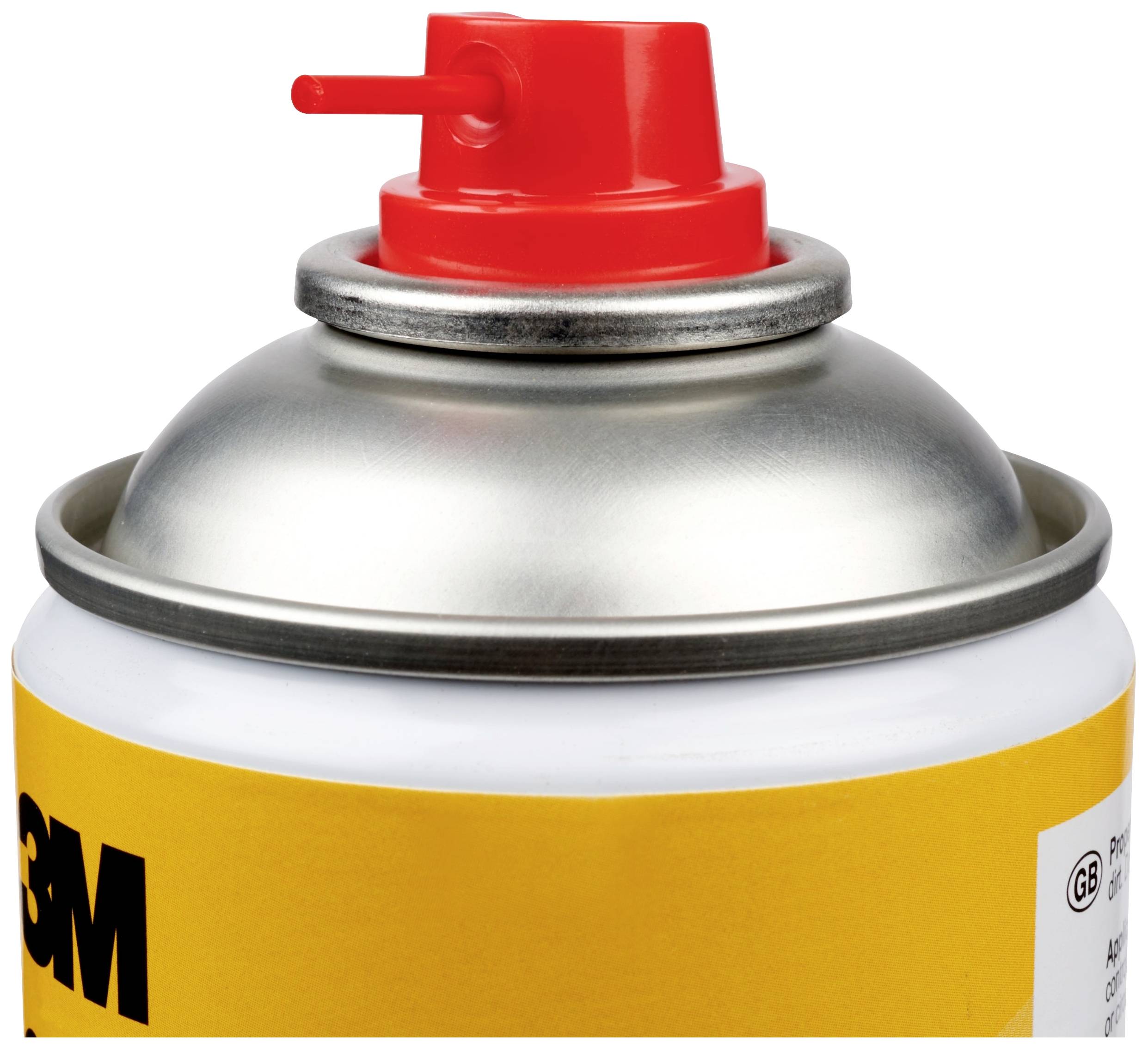 Sprühdose mit rotem Sprühkopf und gelbem Etikett. Enthält Produktinformationen und Sicherheitsdetails auf dem Etikett.