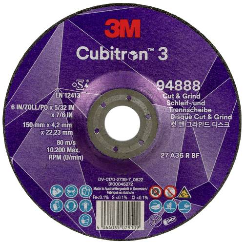 Thumbnail - Cubitron 94888 Cubitron™ 3 Cut and Grind Schruppscheibe Durchmesser 150 mm Bohrungs-Ø 22.23 mm 10 St.