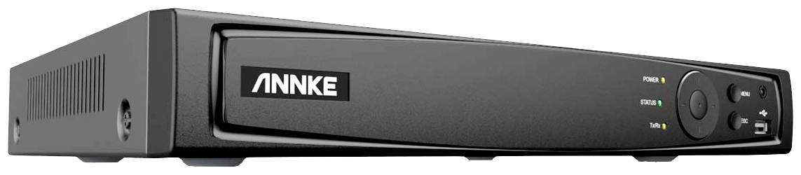 Ein schwarzer ANNKE-DVR mit beleuchteten Statusanzeigen, Tasten und USB-Anschluss. Verwendet zur Videoüberwachung und Aufnahme.